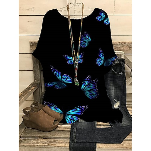 

Women's Casual Holiday Weekend Butterfly Blouse Henley Shirt Shirt Butterfly Short Sleeve Print Round Neck Casual Streetwear Tops White Black Blue S / 3D Print