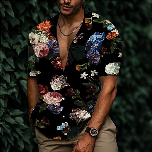 

Men's Shirt Print Floral Turndown Street Casual Button-Down Print Short Sleeve Tops Designer Casual Fashion Breathable Green Black Blue / Summer / Spring / Summer