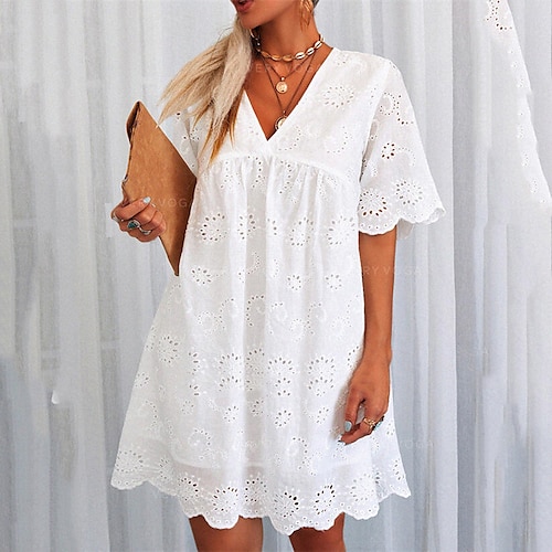 

Mini robe Femme Robe Droite Manche Courte Printemps Eté - Classique Dentelle Couleur monochrome Col V Coton 2022 Blanche S M L XL XXL