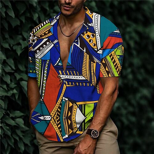 

Men's Shirt Print Color Block Turndown Street Casual Button-Down Print Short Sleeve Tops Casual Fashion Designer Breathable Blue