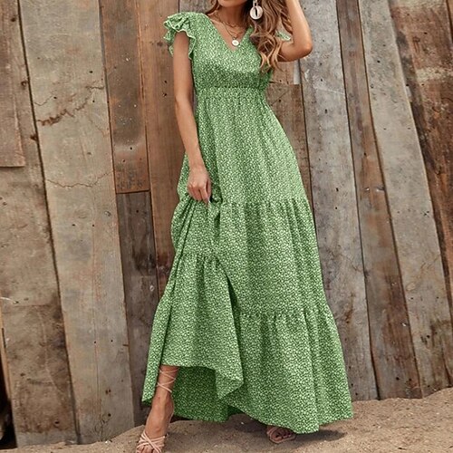 

Women's Casual Dress Swing Dress Floral Dress Long Dress Maxi Dress Green Blue Red Short Sleeve Floral Ruffle Spring Summer V Neck Weekend 2022 S M L XL XXL