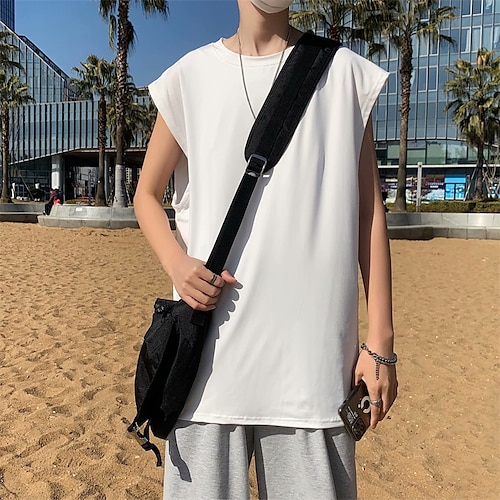 

Men's T shirt Tee Solid Color Round Neck Street Casual Sleeveless Tops Casual Fashion Breathable White Gray Purple