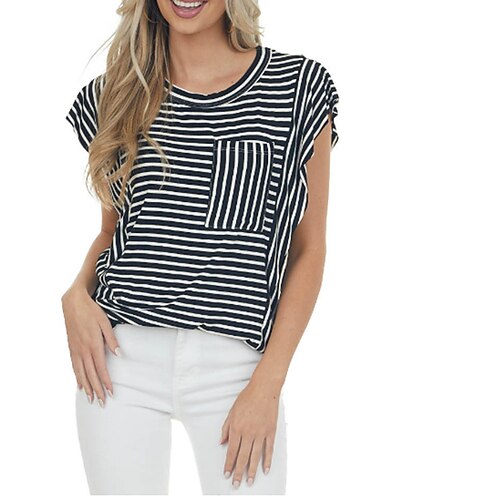 

Women's Blouse Shirt Striped Pocket Print Round Neck Casual Streetwear Tops Black Blue