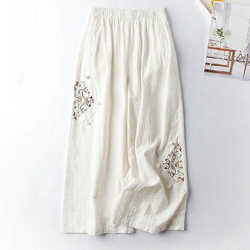 

Women's Chinos Pants Trousers Faux Linen Green Pink Yellow Mid Waist Fashion Casual Weekend Embroidered Micro-elastic Ankle-Length Comfort Plain One-Size M L XL XXL / Loose Fit