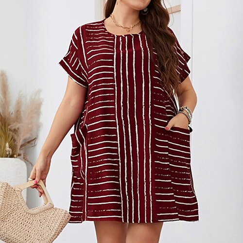 

Women's Plus Size Holiday Dress Striped Crew Neck Print Short Sleeve Spring Summer Casual Short Mini Dress Causal Daily Dress