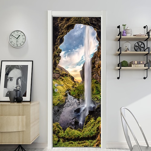 

77/90200cm Landscape Simulation Door Sticker Bedroom Living Room Door Renovation Pvc Wall Sticker Wall Sticker Living Room Bedroom Wall Removable Watercolor Sticker
