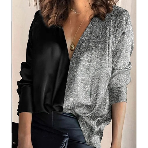 

Women's Daily Holiday Weekend Shirt Color Block Long Sleeve Patchwork V Neck Basic Elegant Casual Tops Green Black S