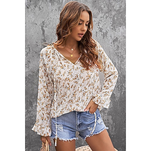 

Women's Blouse Shirt Blue Pink Khaki Floral Lace up Print Long Sleeve Daily Weekend Streetwear Casual V Neck Regular Floral S / 3D Print