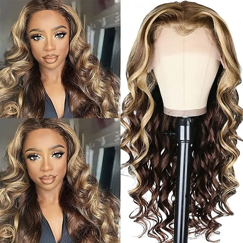 

Body Wave Honey Blonde Lace Front Wigs Human Hair Highlight 13x4 Lace Frontal Wig for Women 10A Brazilian Virgin Hair Colored Wig 8-30 Inch 150% Density Pre-Plucked with Baby Hair Ombre Wave Wig