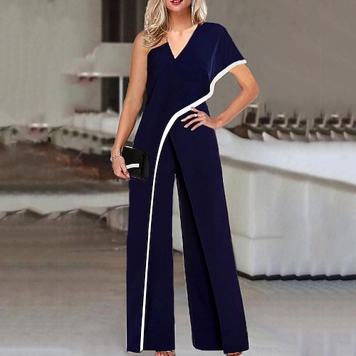 

Women's Jumpsuit Solid Color One Shoulder Elegant Holiday Weekend Straight Regular Fit Short Sleeve Navy Blue S M L Spring
