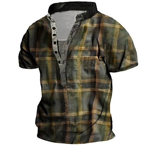 

Men's Henley Shirt Tee T shirt 3D Print Graphic Tartan Plus Size Stand Collar Daily Sports Button-Down Print Short Sleeve Tops Basic Casual Designer Big and Tall Army Green