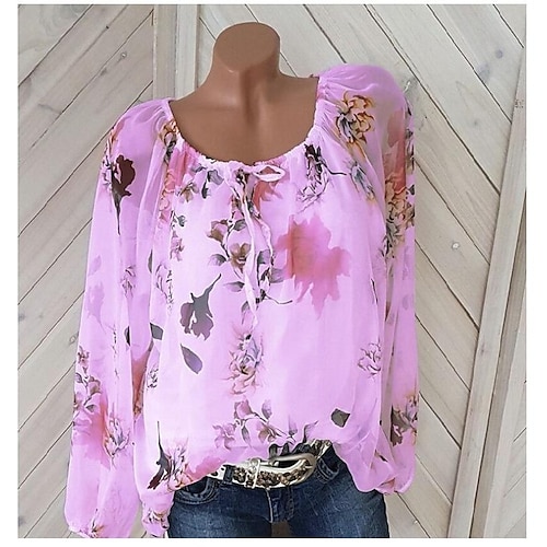 

Women's Blouse Shirt Green Blue Pink Graphic Floral Lace up Long Sleeve Casual Daily Basic Elegant Round Neck S