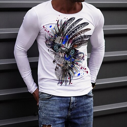 

Men's T shirt Hot Stamping Animal Crew Neck Street Casual Print Long Sleeve Tops Casual Fashion Breathable Comfortable White
