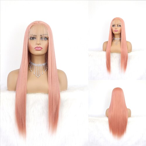 

Pink Wig Synthetic Lace Front Wigs for Women Long Straight Peach Pink Wig Heat Resistant Glueless Lace Wig Middle Part Mixed