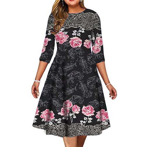 

Women's Plus Size Holiday Dress Floral Crew Neck Print 3/4 Length Sleeve Fall Spring Work Midi Dress Daily Vacation Dress