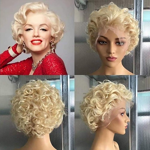 

Human Hair 13x4 Lace Front Wig Pixie Cut Brazilian Hair Curly Blonde Wig 150% Density Classic Natural Hairline Comfy For Women Short Human Hair Lace Wig Lightinthebox / Daily Wear / Party / Evening