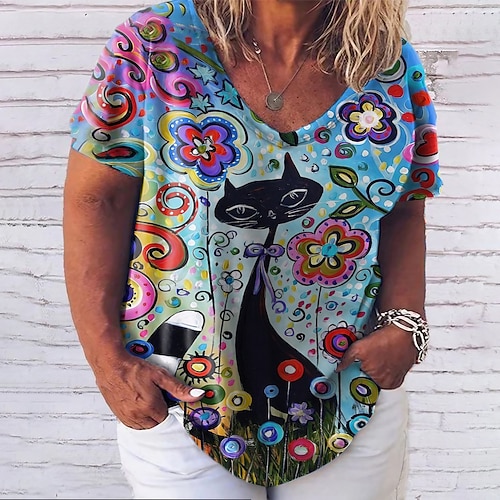 

Women's Plus Size Tops T shirt Tee Floral Cat Print Short Sleeve V Neck Streetwear Daily Vacation Polyester Spring Summer Blue Purple