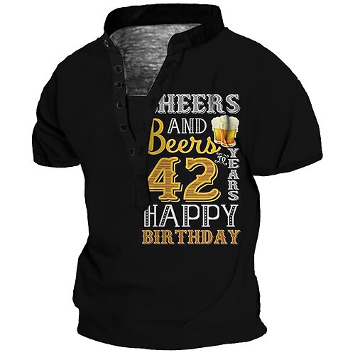 

Men's Henley Shirt Tee T shirt 3D Print Graphic Beer Letter Plus Size Stand Collar Daily Sports Button-Down Print Short Sleeve Tops Basic Casual Designer Big and Tall Black