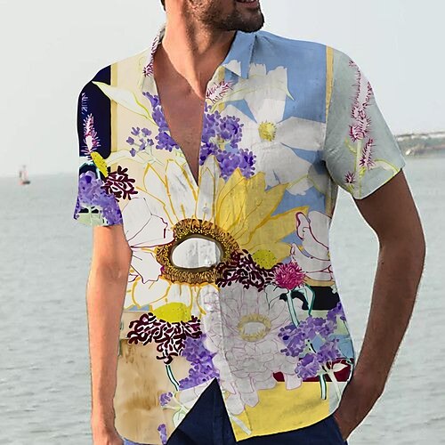 

Men's Shirt Print Floral Turndown Street Casual Button-Down Print Short Sleeve Tops Casual Fashion Designer Breathable Blue