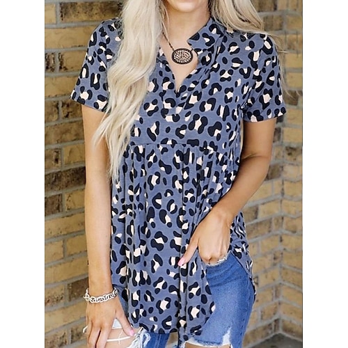 

Mulheres Camiseta Branco Azul Leopardo Túnica esvoaçante Imprimir Manga Curta Casual Final de semana Básico Decote V Longo Pintura S