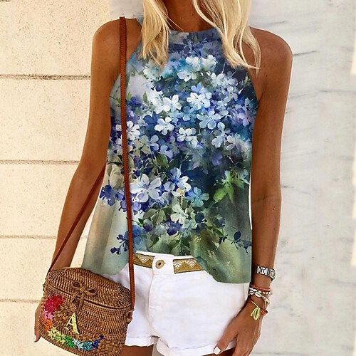 

Women's Daily Holiday Weekend Floral Tank Top Camis Floral Sleeveless Print Round Neck Casual Streetwear Tops Blue S / 3D Print