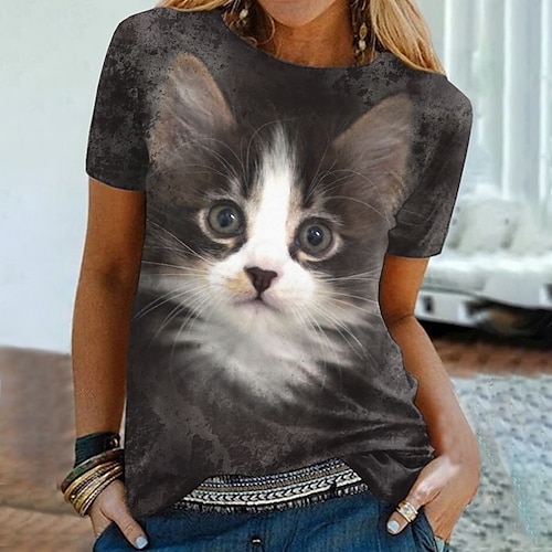 

Women's 3D Cat Painting T shirt Cat 3D Print Round Neck Basic Tops Black