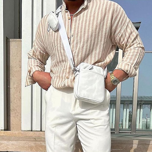 

Men's Shirt Hot Stamping Striped Graphic Turndown Street Casual Button-Down Print Long Sleeve Tops Casual Fashion Breathable Comfortable Khaki
