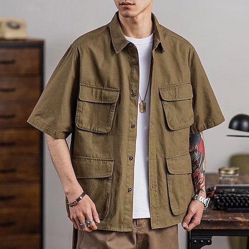 

Men's Shirt Solid Color Turndown Street Casual Button-Down Short Sleeve Tops Cotton Casual Fashion Breathable Comfortable Brown / Summer