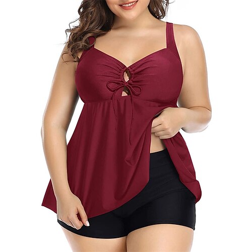 

Women's Swimwear Tankini 2 Piece Plus Size Swimsuit Backless Tummy Control High Waisted Hole Pure Color Black Wine Red Navy Blue V Wire Bathing Suits New Vacation Holiday / Modern / Padded Bras