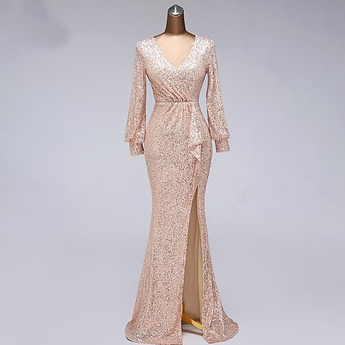 

Mermaid / Trumpet Elegant Wedding Guest Formal Evening Dress V Neck Long Sleeve Floor Length Tulle with Sequin Slit 2022