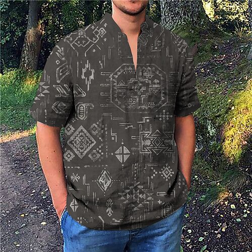 

Men's Shirt Print Geometry V Neck Street Casual Print Short Sleeve Tops Casual Fashion Designer Breathable Gray
