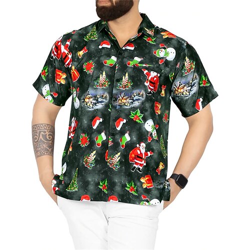 

Men's Shirt Santa Claus Turndown Street Casual 3D Button-Down Short Sleeve Tops Casual Fashion Comfortable Beach Black