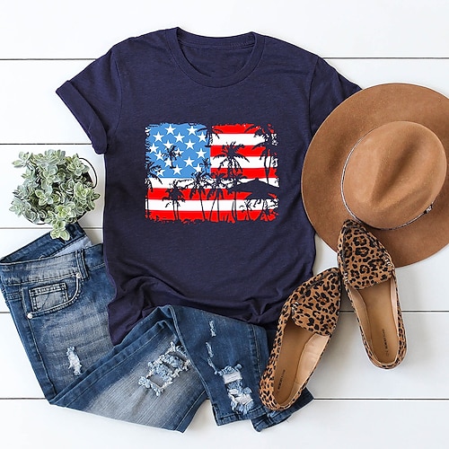 

Women's Casual Weekend Independence Day Painting T shirt Tee American Flag Short Sleeve Print Round Neck Basic Tops White Black Purple S