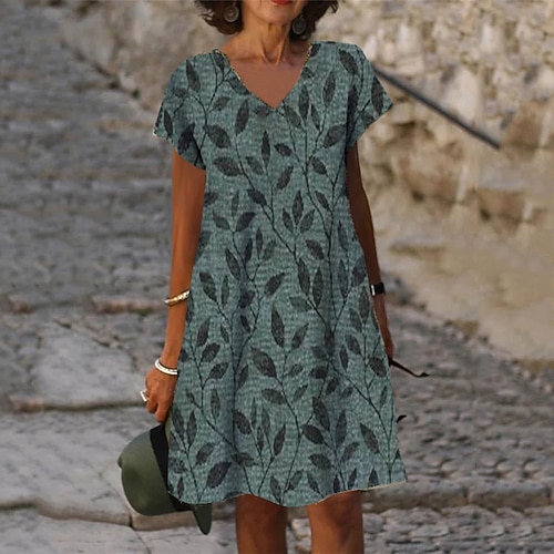 

Women's Casual Dress Shift Dress Mini Dress Green Blue Short Sleeve Print Spring Summer V Neck Loose Fit 2022 S M L XL XXL 3XL