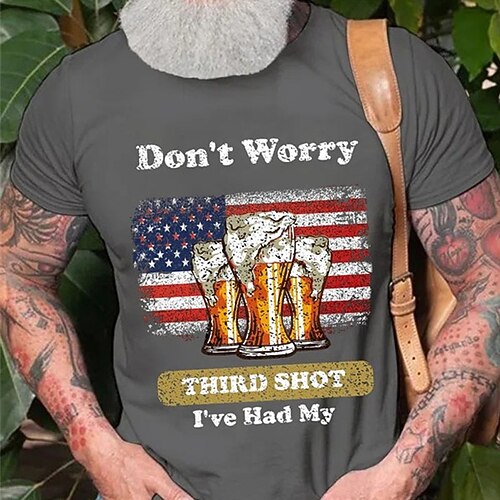 

Men's T shirt Hot Stamping Graphic Beer National Flag Crew Neck Street Casual Print Short Sleeve Tops Basic Fashion Classic Comfortable Black Dark Gray Red