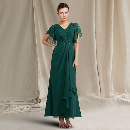 

A-Line Mother of the Bride Dress Plus Size Elegant Jewel Neck Ankle Length Chiffon Short Sleeve with Crystals Side-Draped 2022