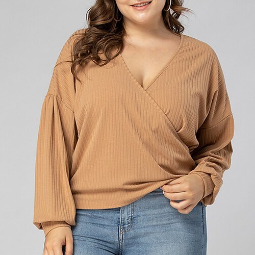 

Women's Plus Size Tops T shirt Tee Plain Long Sleeve V Neck Streetwear Daily Going out Polyester Spring Summer khaki