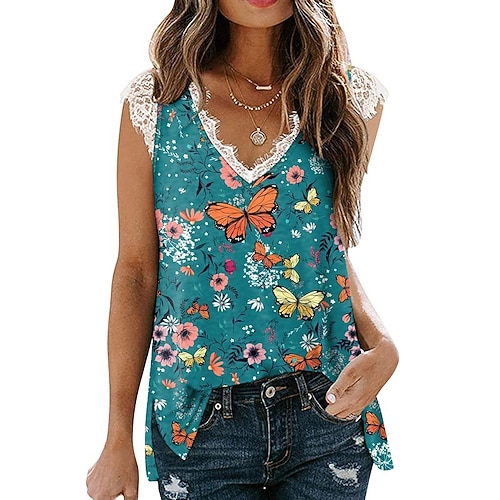 

Women's Holiday Weekend Floral Tank Top Camis Floral Sleeveless Lace Trims Print V Neck Casual Streetwear Tops Green White Purple S / 3D Print