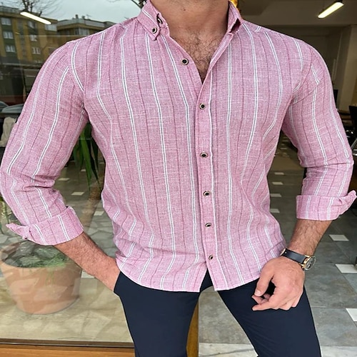 

Men's Dress Shirt Striped Turndown Pink Outdoor Street Long Sleeve Button-Down Clothing Apparel Fashion Casual Breathable Comfortable