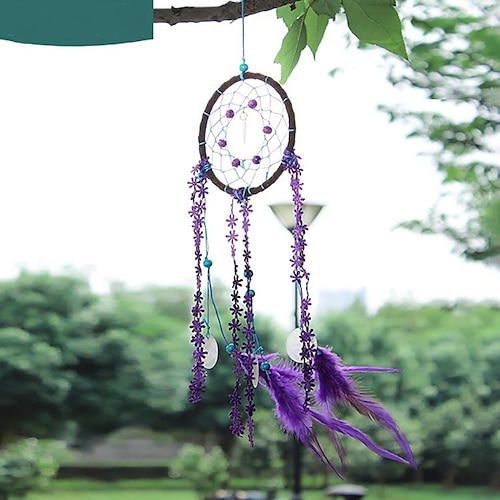 

Purple Sandalwood Beads Dream Catcher Handmade Gift Feather Hook Flower Wind Chime Ornament Wall Hanging Decor Art Boho Style 1150cm