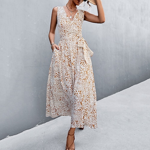 

Women's Casual Dress Swing Dress Long Dress Maxi Dress Black Wine Orange Sleeveless Leopard Lace up Spring Summer V Neck Vacation 2023 S M L XL XXL