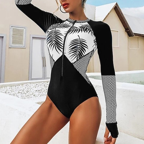 

Women's Swimwear Rash Guard Diving Normal Swimsuit Printing Zip Up High Waisted Leaf Black High Neck Bathing Suits Sports Vacation Fashion / Modern / New / Padded Bras