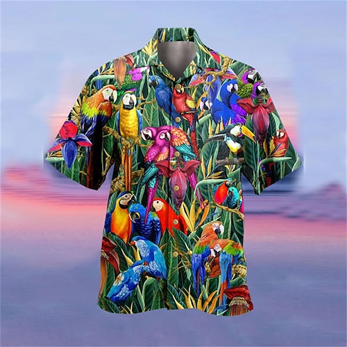 

Men's Shirt Summer Hawaiian Shirt Camp Shirt Graphic Shirt Aloha Shirt Parrot Turndown Green Blue Purple Pink Yellow 3D Print Outdoor Street Short Sleeve Button-Down Clothing Apparel Designer Casual