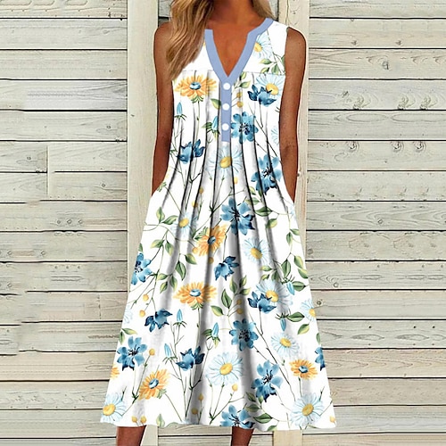 

Women's Casual Dress Swing Dress Midi Dress Blue White Sleeveless Floral Button Spring Summer V Neck Loose Fit 2022 S M L XL XXL 3XL