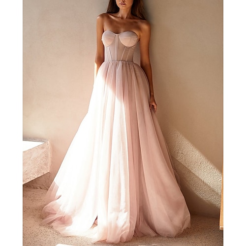 

A-Line Prom Dresses Elegant Dress Engagement Sweep / Brush Train Sleeveless Sweetheart Neckline Tulle with Pleats Pure Color 2022