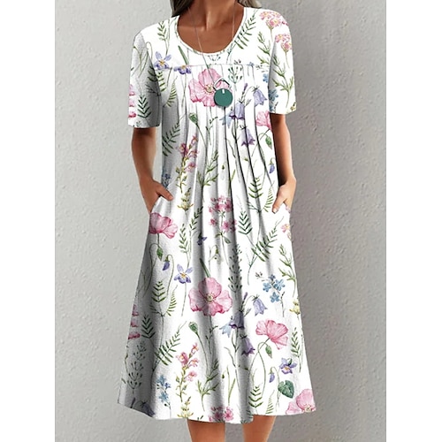 

Women's A Line Dress Midi Dress White Short Sleeve Floral Print Ruched Print Spring Summer Crew Neck Casual 2022 S M L XL XXL 3XL