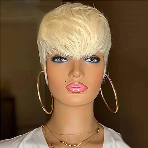 

613 Honey Blonde Color Straight Wig Short Wavy Bob Pixie Cut Full Machine Made Human Hair Wigs With Bangs For Black Women Remy