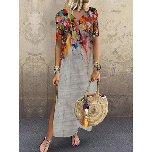 

Women's Casual Dress Shift Dress Long Dress Maxi Dress Green Blue Red Short Sleeve Painting Print Fall Spring Summer V Neck Fashion Daily Vacation Weekend 2022 S M L XL XXL 3XL