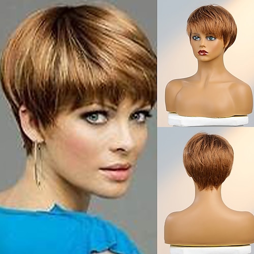 

Human Hair Blend Wig Short Natural Straight Pixie Cut Side Part Layered Haircut Asymmetrical Black White Brown Cosplay Curler & straightener Natural Hairline Capless Brazilian Hair Women's All