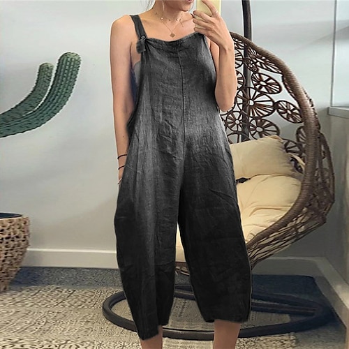 

Women's Loungewear Onesies Jumpsuits Nighty Pure Color Simple Comfort Home Street Cotton Square Neck Sleeveless Backless Spring Summer Blue Khaki